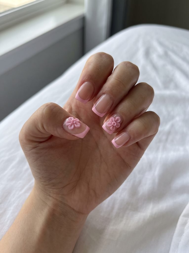 Pink 3D Flower Short Acrylic Nails