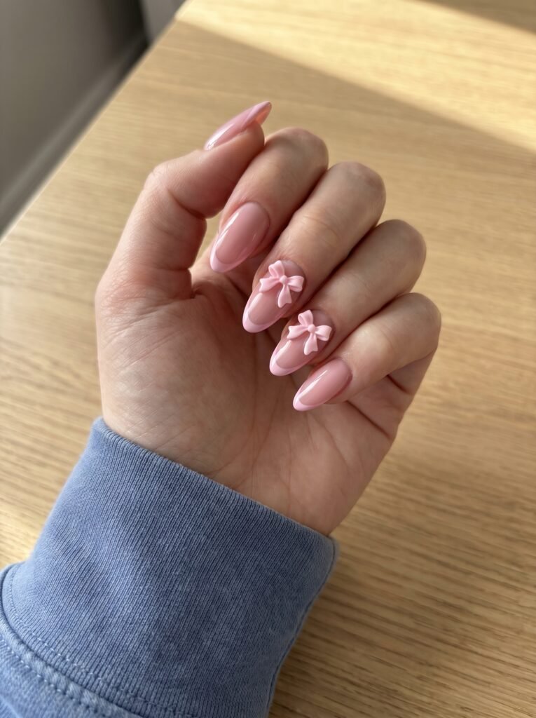 Pink Bow Almond Christmas Nails