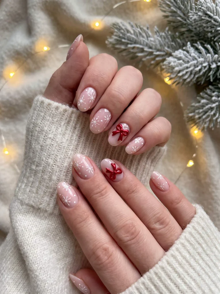 Pink Bow and Snowflake Christmas Nails