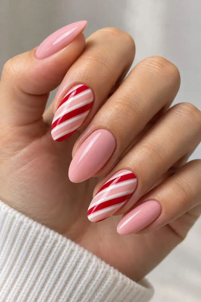Pink Candy Cane Christmas Nails