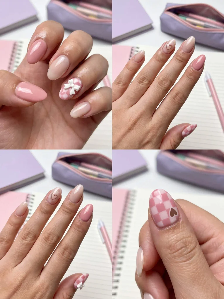Pink Checkerboard Back to School Nails