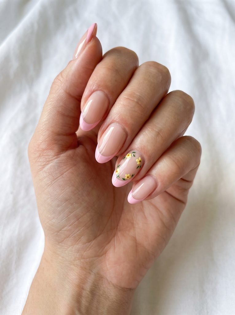Pink French tips with yellow flowers