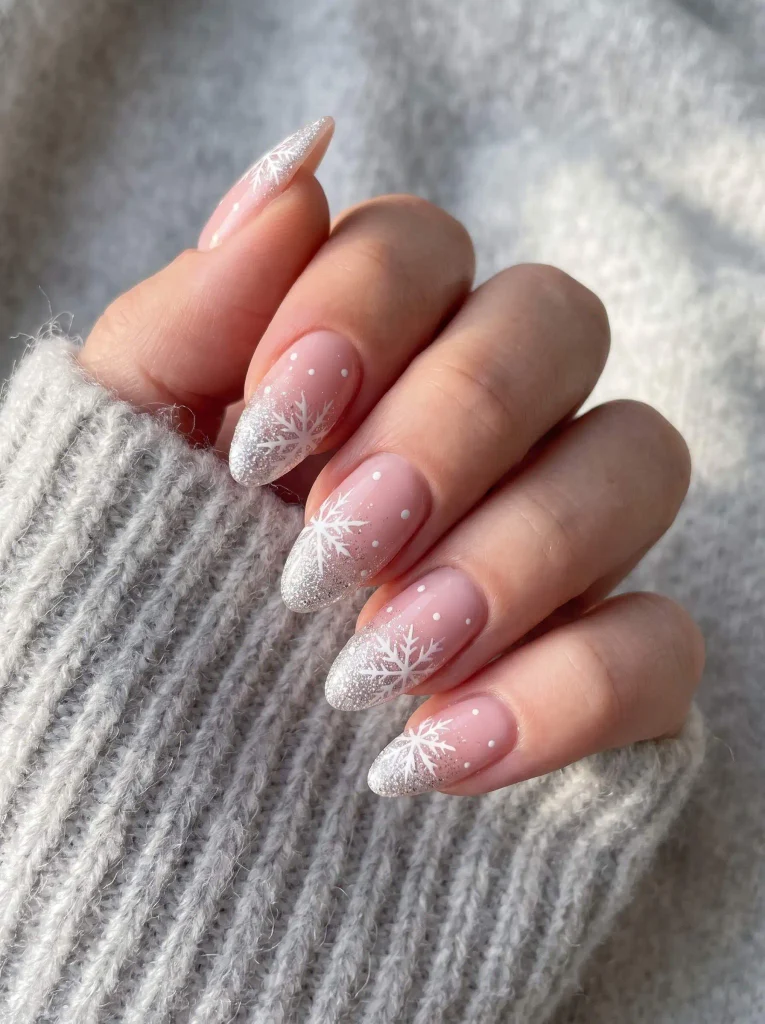 Pink Glitter Snowflake Almond Winter Nails
