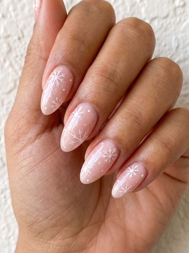 Pink Snowflake Gel X Almond Nails