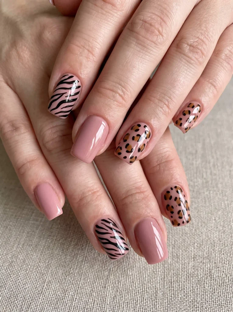Pink Zebra and Cheetah Print Nails