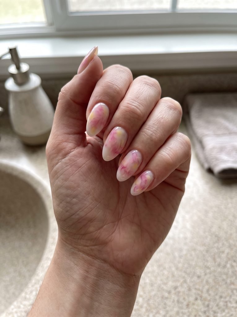 Pink and yellow blooming gel nails