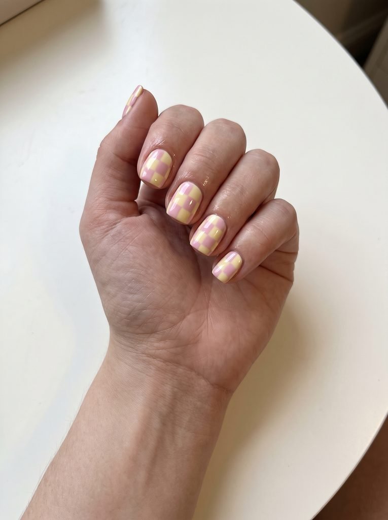 Pink and yellow checkerboard nails