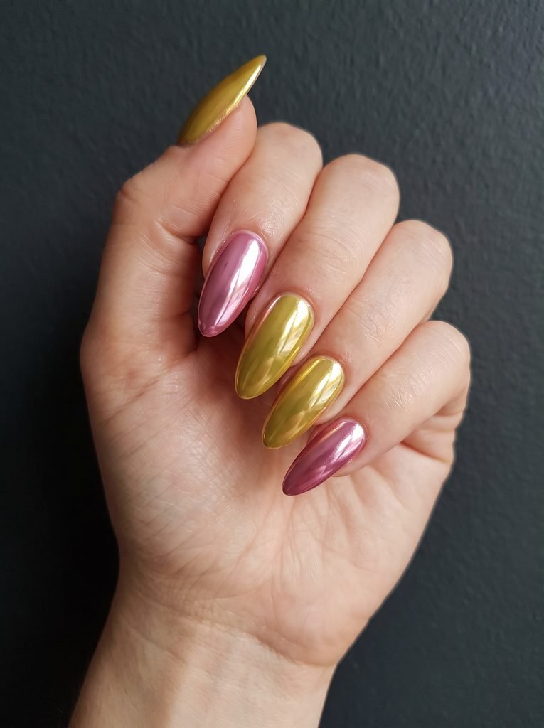 Pink and yellow chrome nails