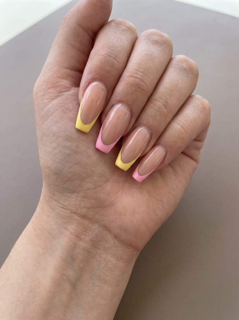 Pink and yellow coffin French nails