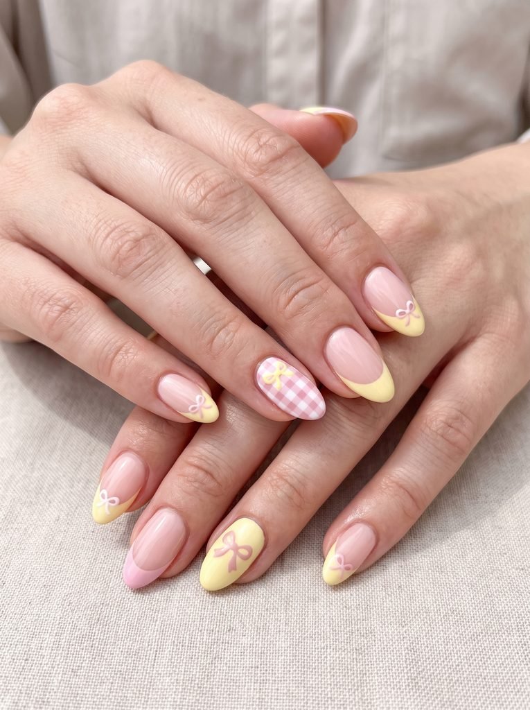 Pink and yellow coquette bow nails