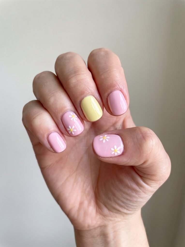 Pink and yellow daisy accent nails