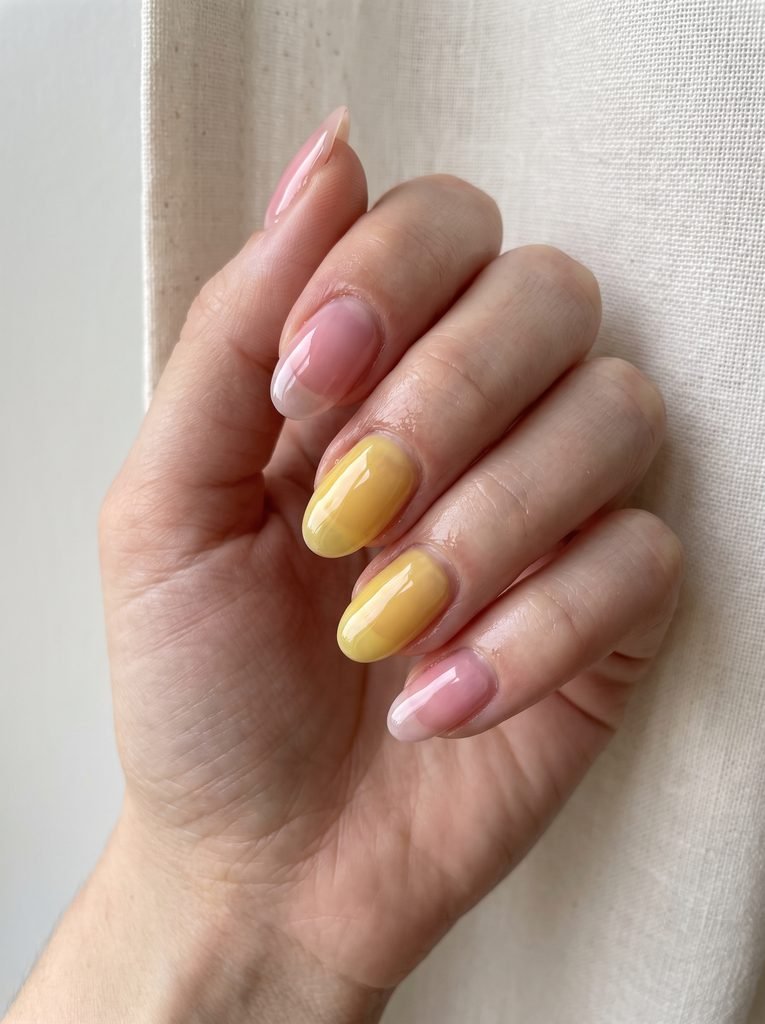 Pink and yellow jelly nails