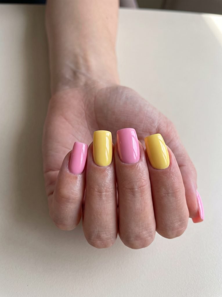 Pink and yellow square gel nails