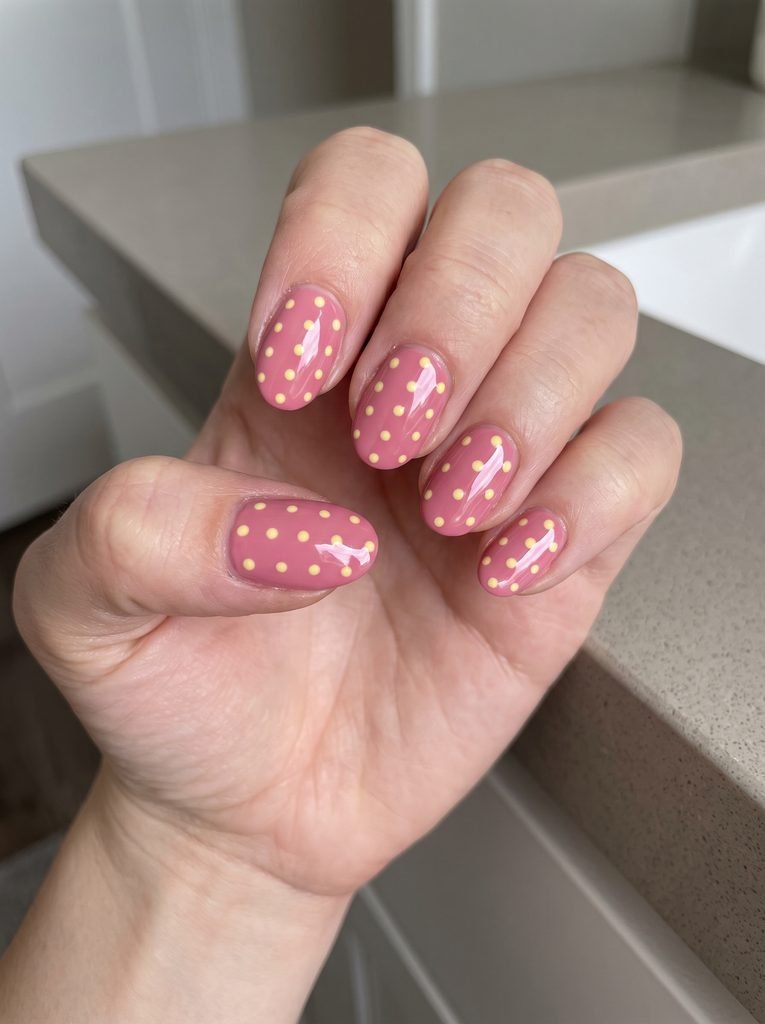 Pink base yellow polka dot nails