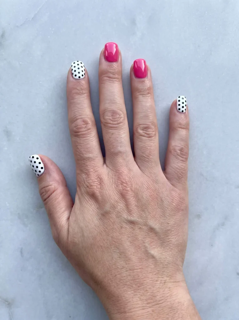 Pink black and white polka dot nails