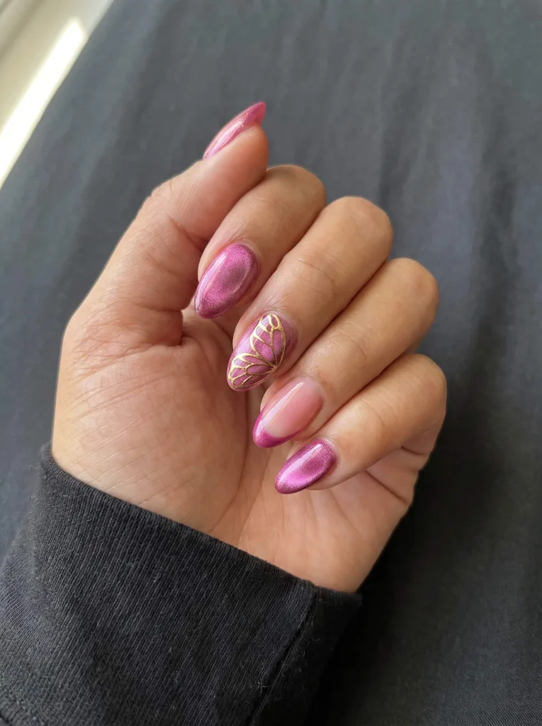 Pink cat eye butterfly wing nails