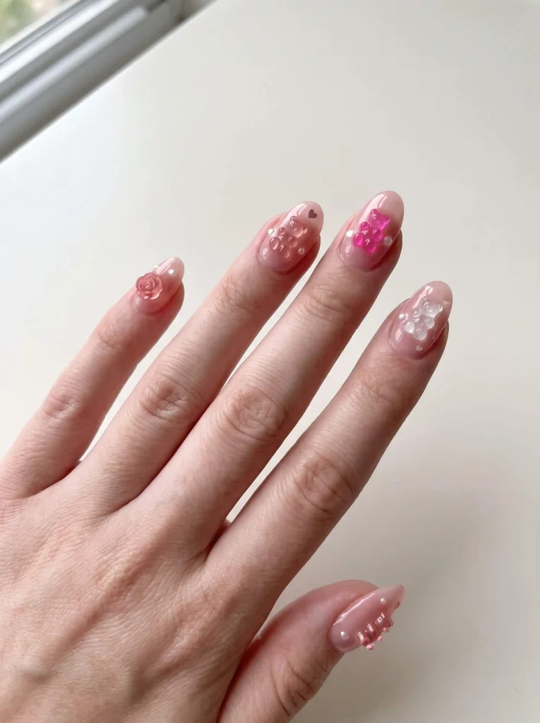 Pink gummy bear nails