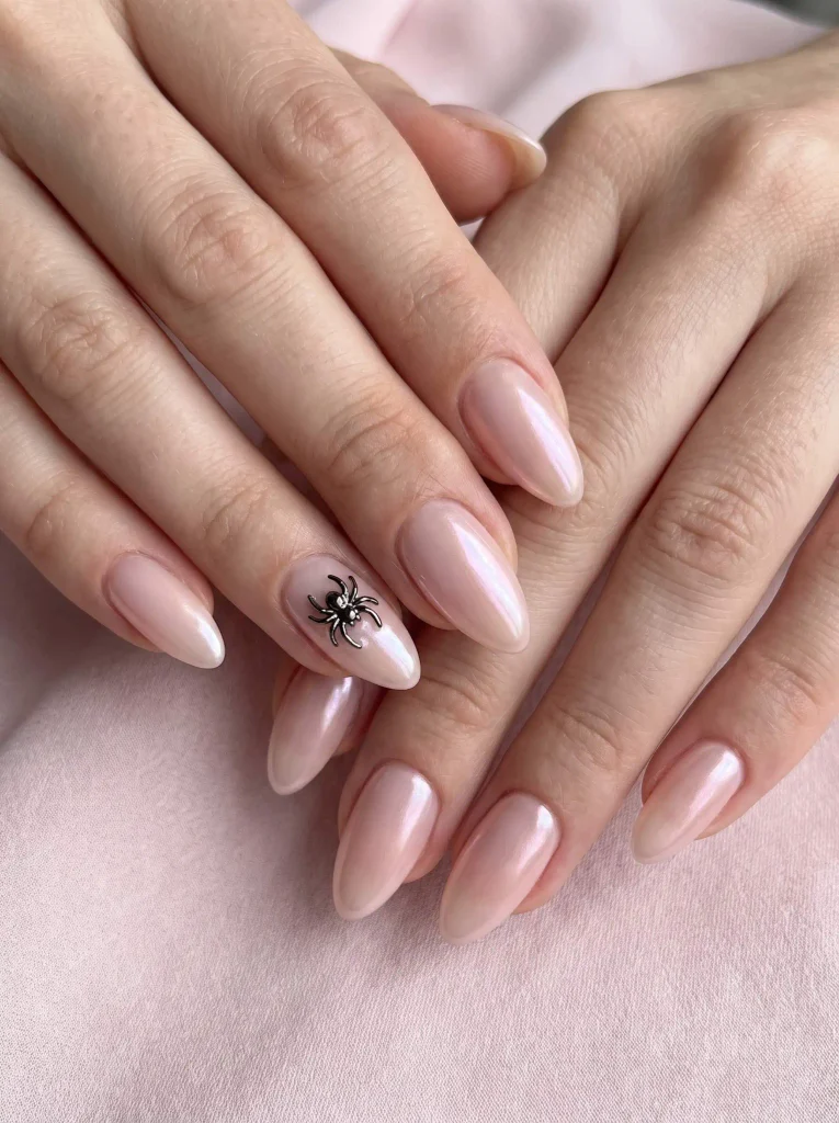 Pink spider chrome almond nails