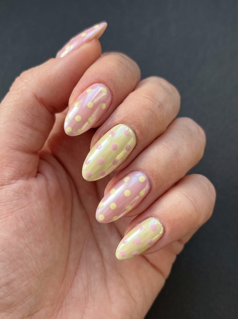 Pink yellow chrome polka dot nails