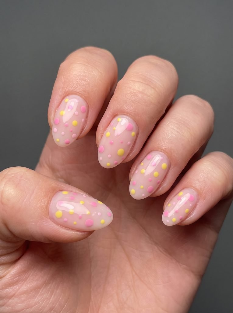 Pink yellow confetti polka dot nails
