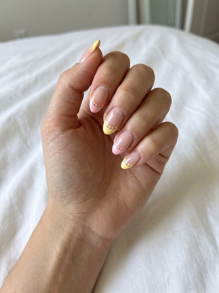 Pink yellow polka dot French tips