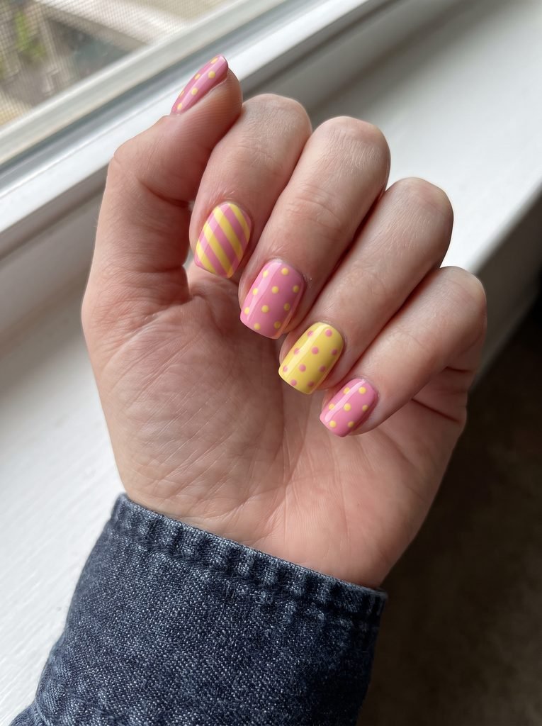 Pink yellow stripe polka dot nails