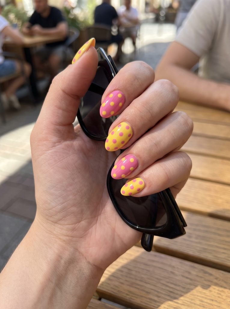Pink yellow summer polka dot nails