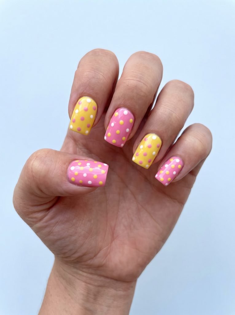 Pink yellow white polka dot nails