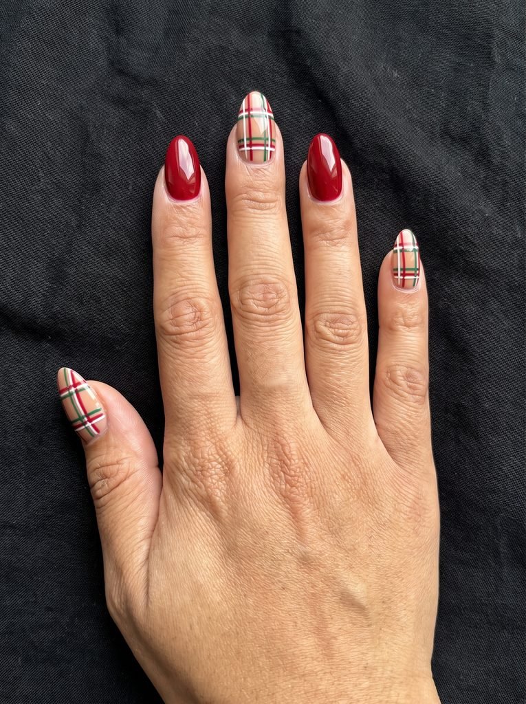 Plaid Christmas Gel X Almond Nails