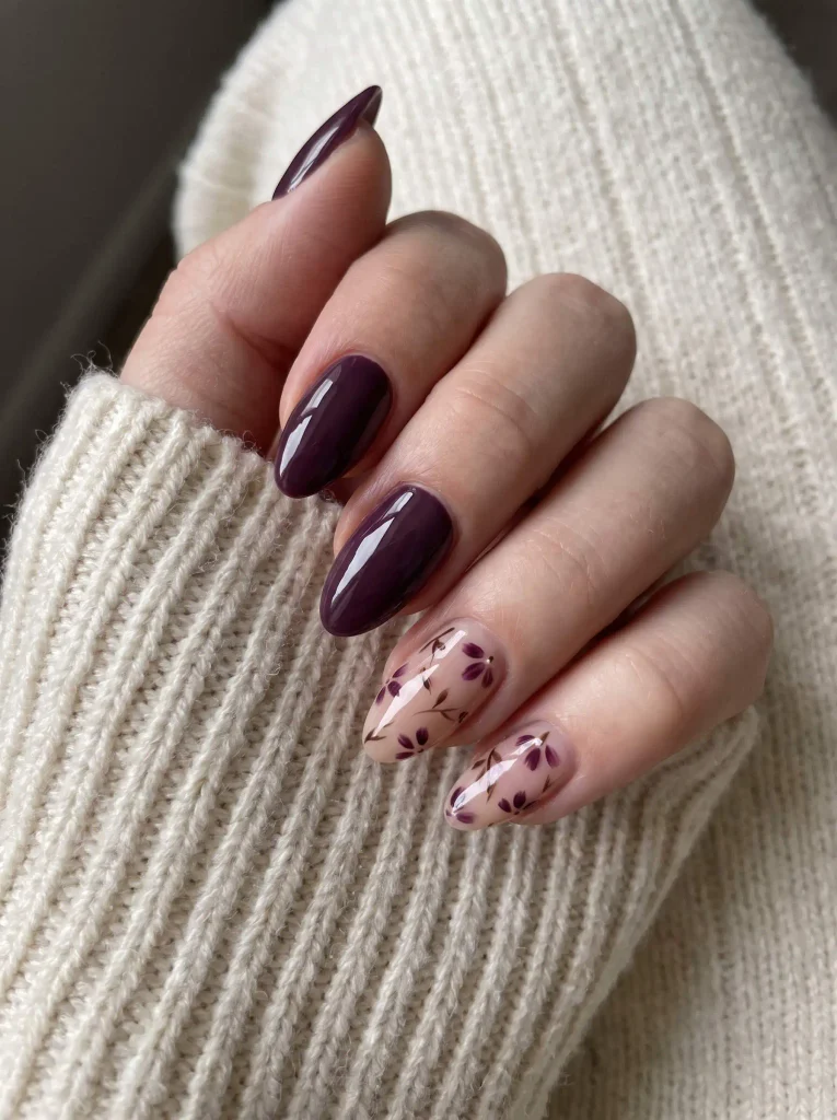 Plum Floral Almond Nails