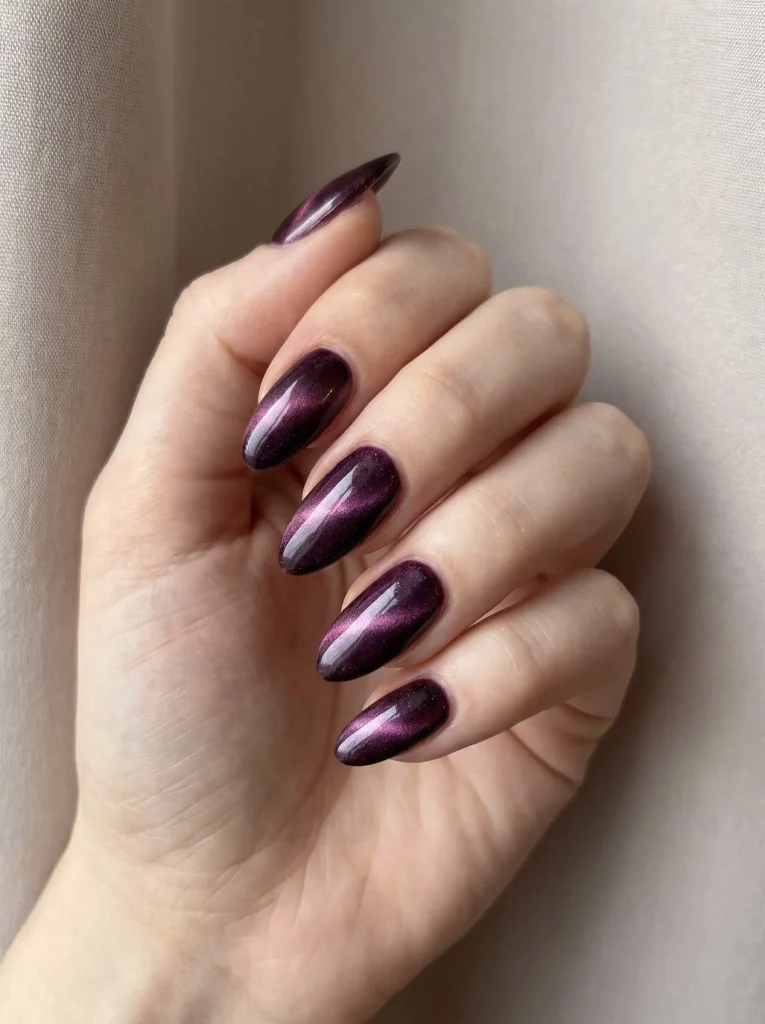 Plum cat eye almond nails