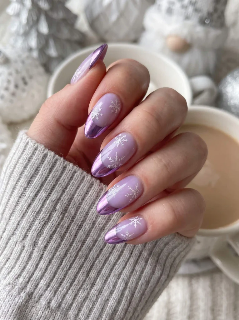 Purple Chrome Snowflake Almond Winter Nails