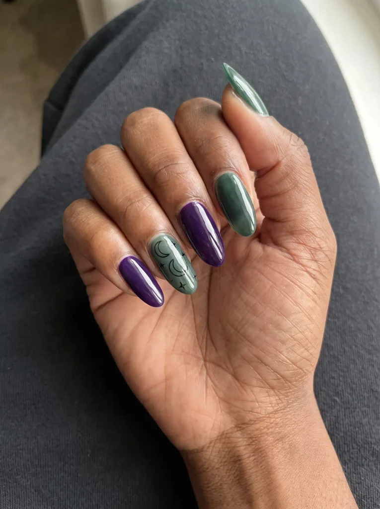 Purple and Green Witch Halloween Nails