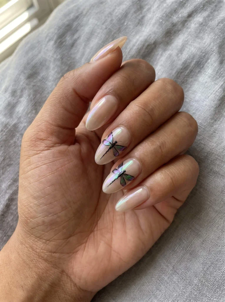 Purple and green iridescent dragonfly nails