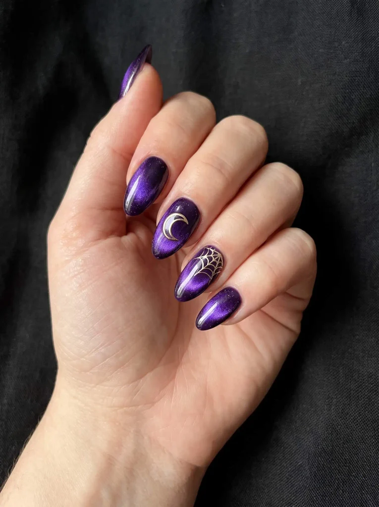 Purple gold Halloween cat eye nails