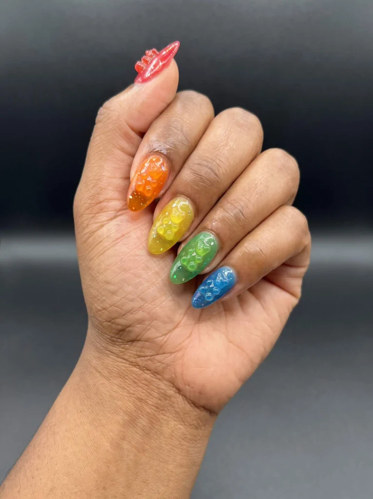 Rainbow sparkly gummy bear nails