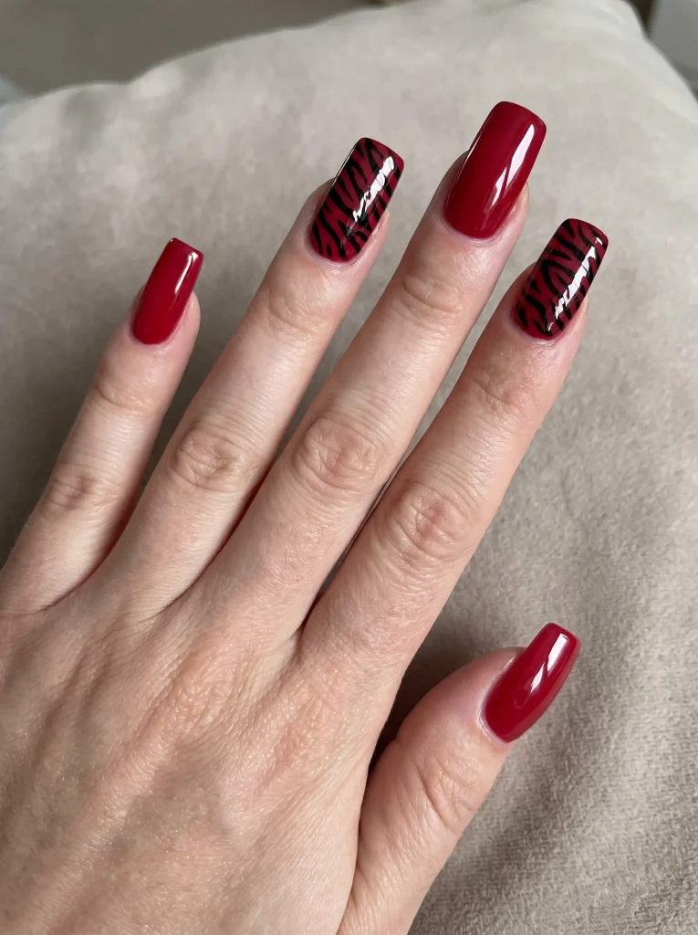 Red And Black Zebra Square Nails