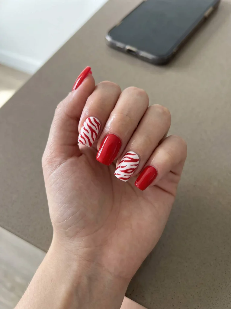 Red And White Zebra Nails