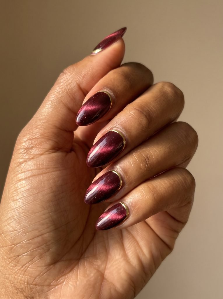 Red Cat Eye Nails With Gold Details