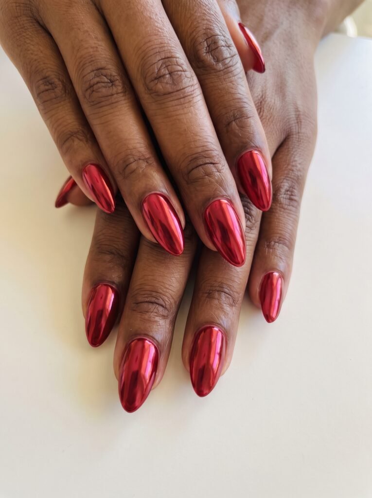 Red Chrome Almond Christmas Nails