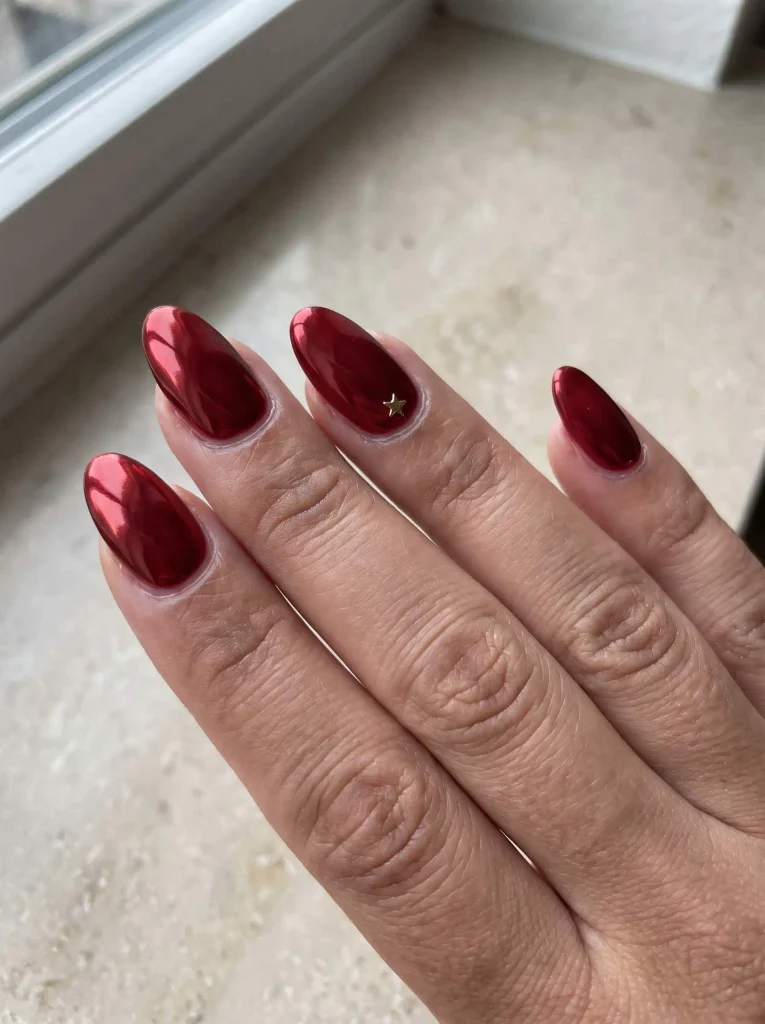 Red Chrome Christmas Almond Nails