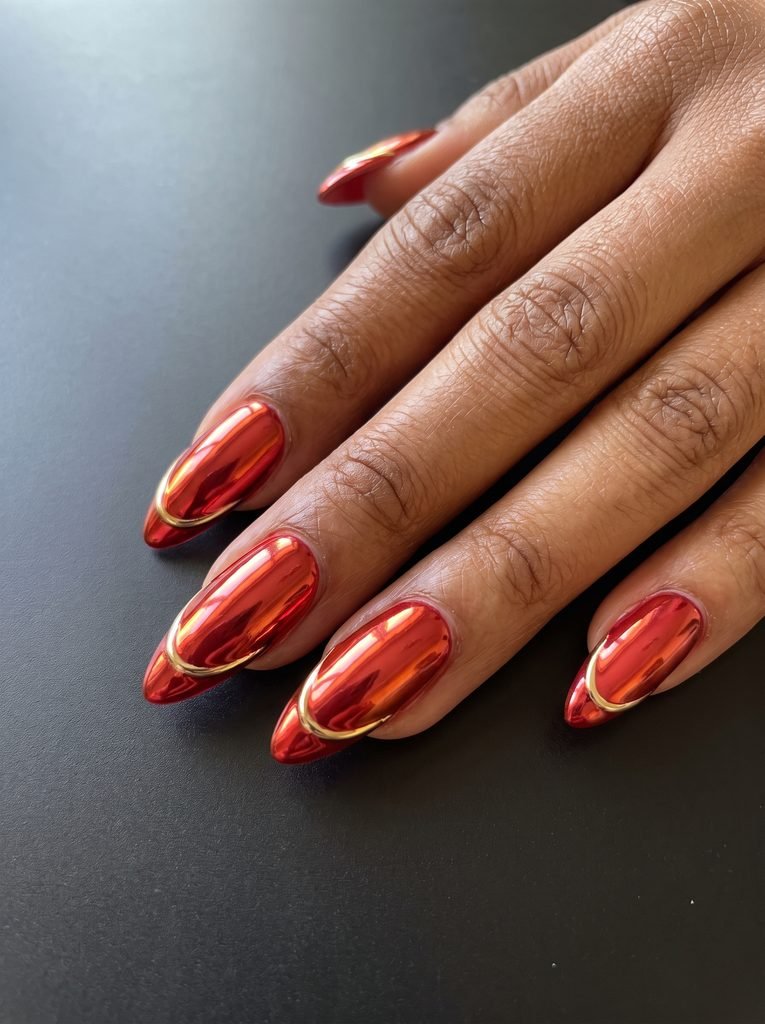 Red Chrome Nails With Gold Accents