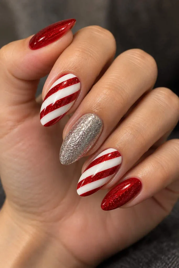 Red Glitter Candy Cane Nails