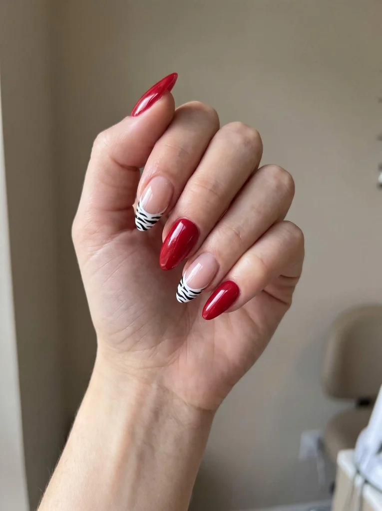 Red Nails With Zebra French Tips