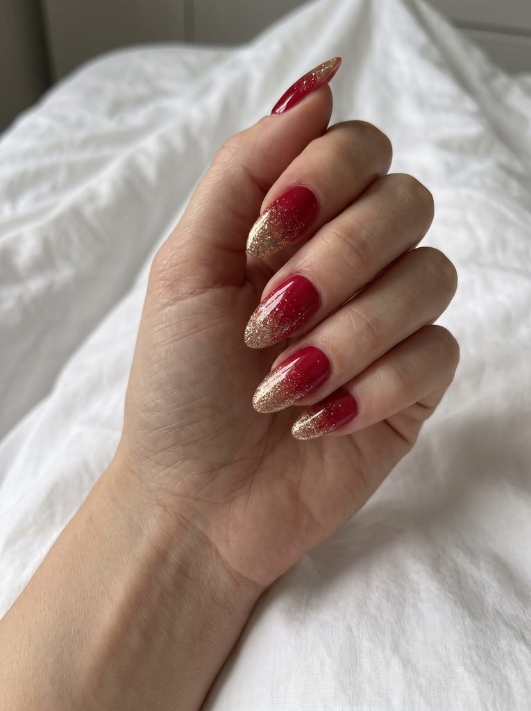 Red Ombre Nails With Gold Glitter
