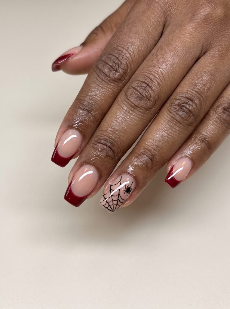 Red Spider Web Coffin French Tips