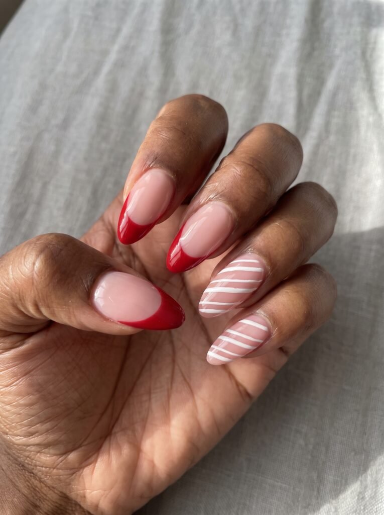 Red White Candy Cane Almond Nails