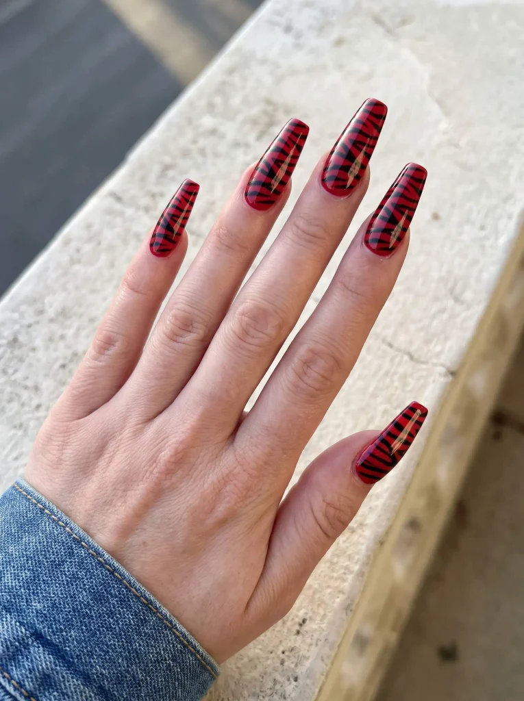 Red Zebra Coffin Acrylic Nails