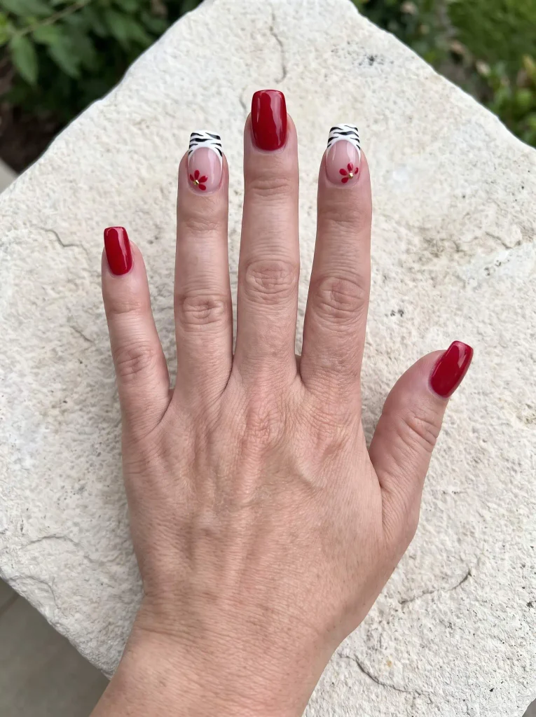 Red Zebra Flower Square Nails