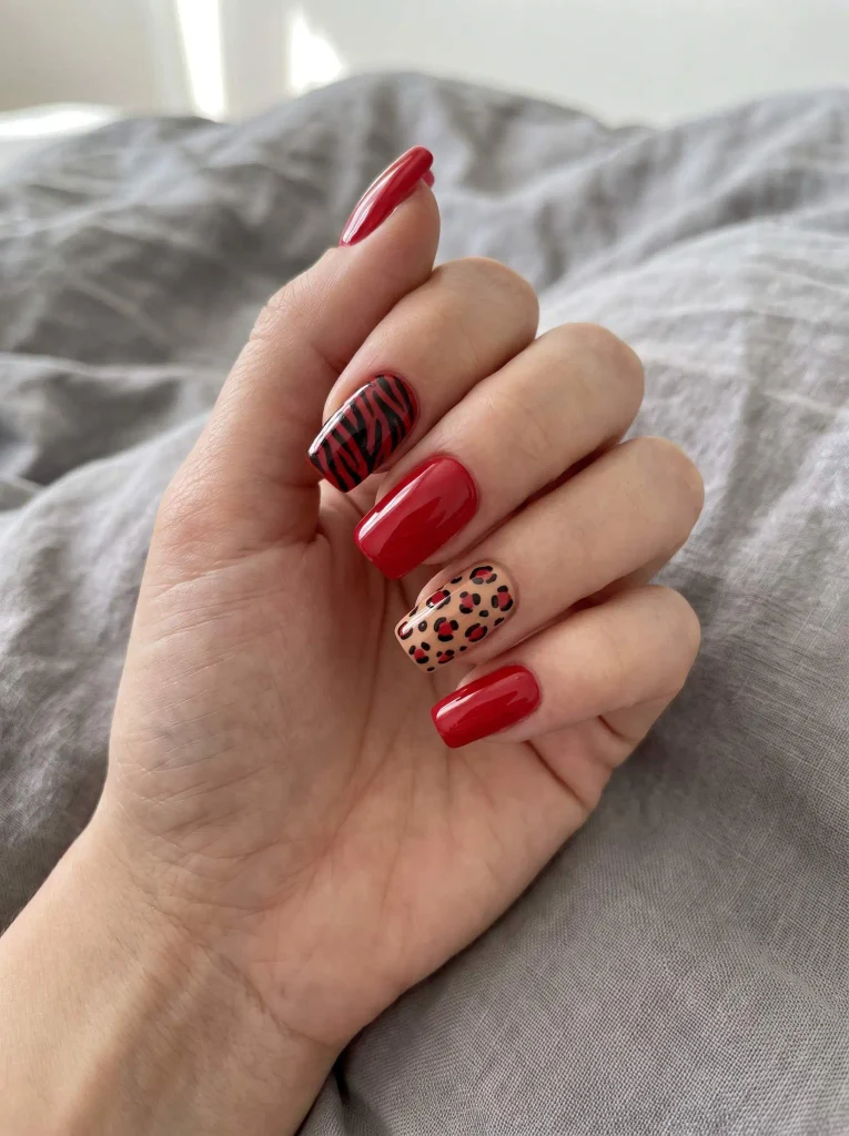 Red Zebra Mixed Animal Nails